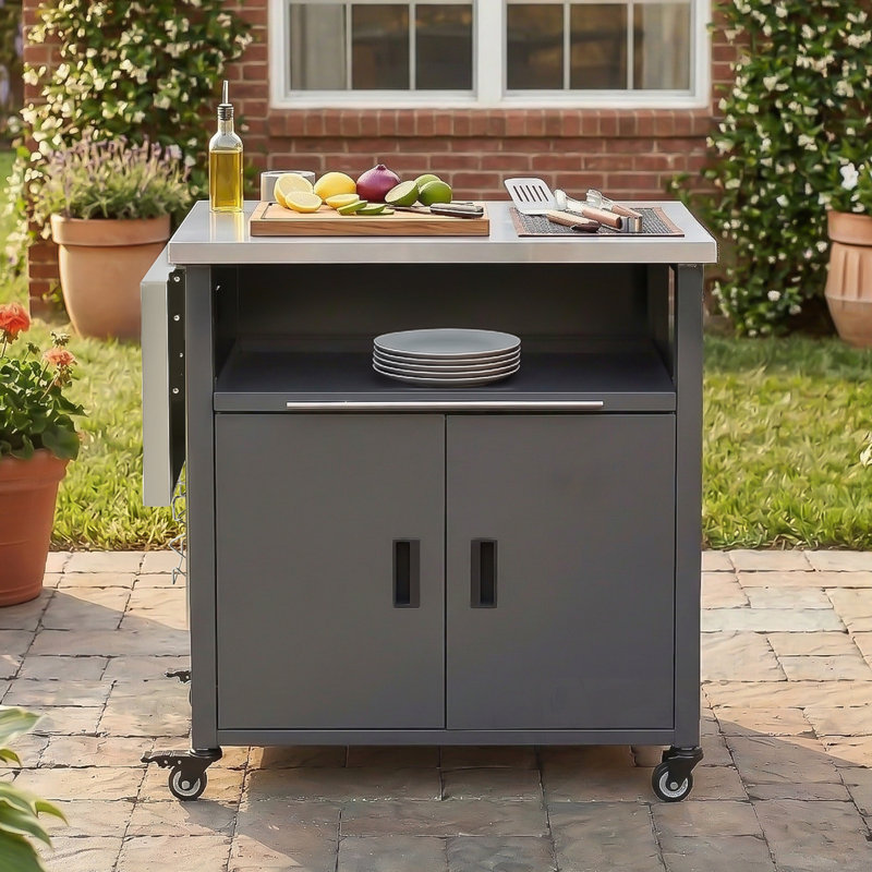 Chariot de salle à manger de patio avec support à déchets, plateau pliable et espace de rangement, Gris