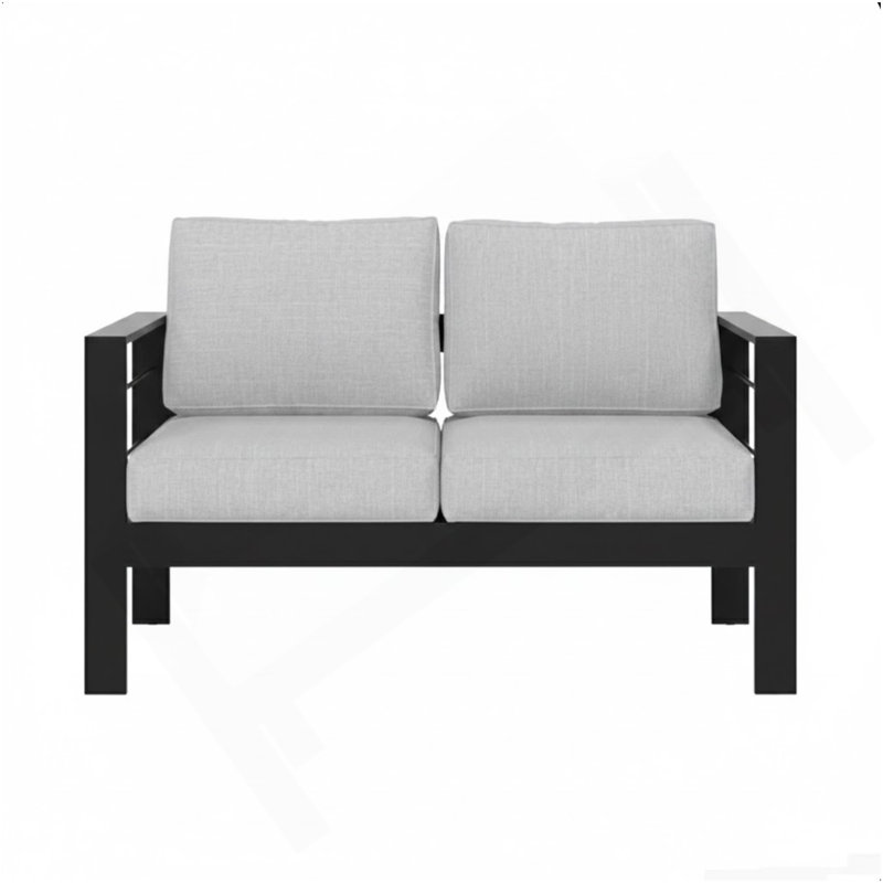 Causeuse de terrasse en aluminium toutes saisons de 50 po avec coussins épais gris clair et structure noire, Noir