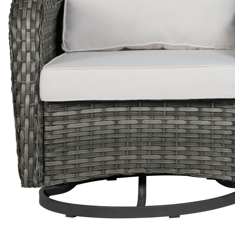 Auryanna Rattan Outdoor Furniture 2 Swivel Chairs with Waterproof Coushions and Glass Top Table Set, Beige, Gray