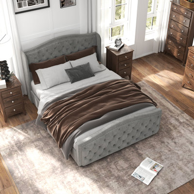 Kassaia Velvet Upholstered Metal Nail Trim Platform Bed with Tufted Headboard and 4 Drawers