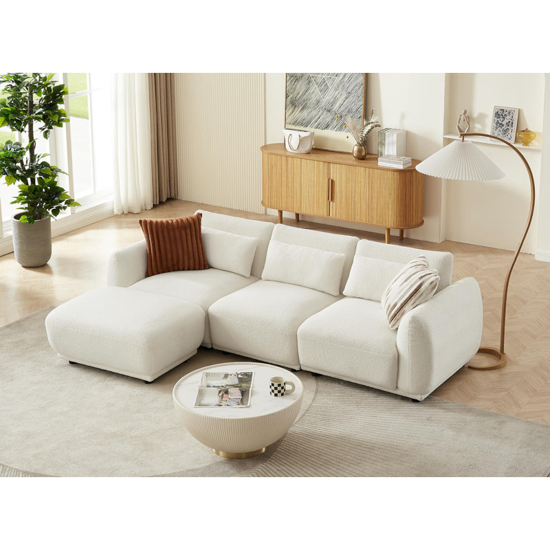 Pinsolid 101" L Shaped Modular Sectional Couch With Removable Ottoman, Beige White