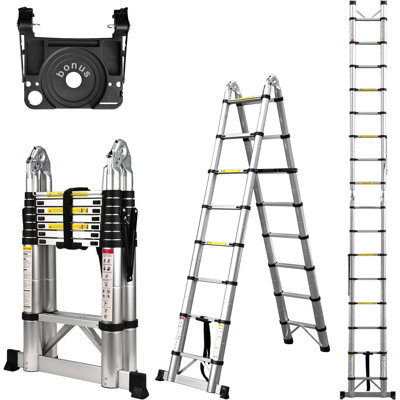 Telescoping Ladder A Frame, Compact Aluminum Extension Ladder, Portable Telescopic RV Ladder for Outdoor Camper Trips Motorhome with Tool Platform and Stabilizer Bar, 330 lb Capacity