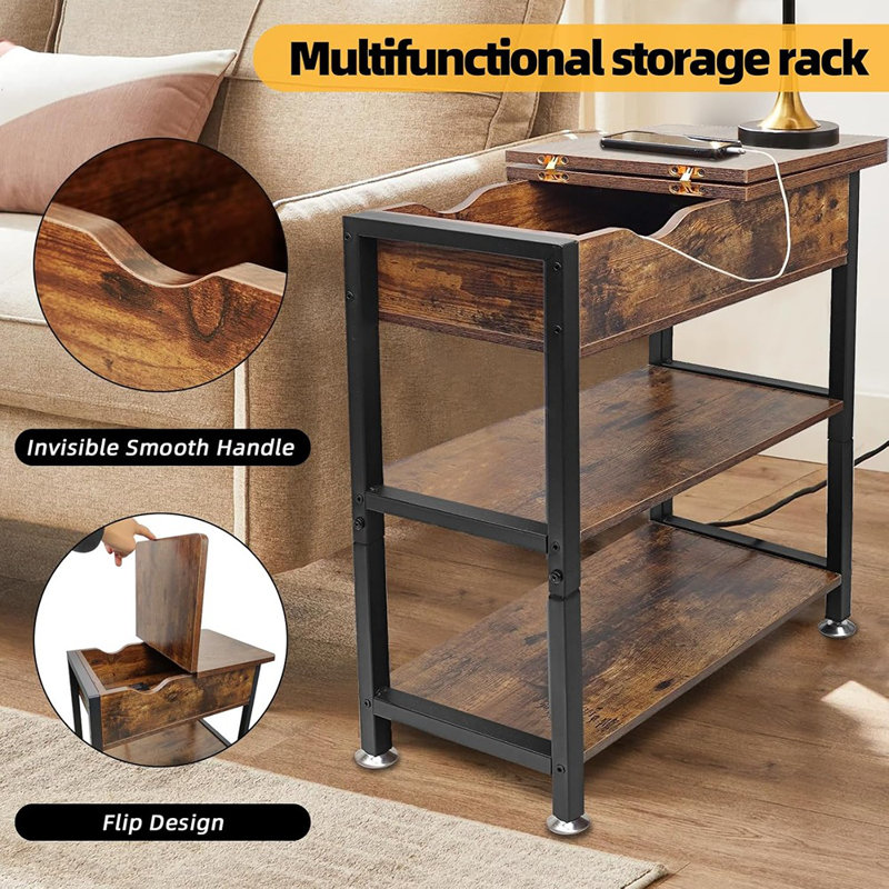 Table de bout rabattable avec station de charge cachée - P 12 po x l 21 po x H 26 po, petites tables d'appoint avec rangement et tablettes, table d'appoint compacte pour petits espaces, table de bout mince avec station de charge, brun