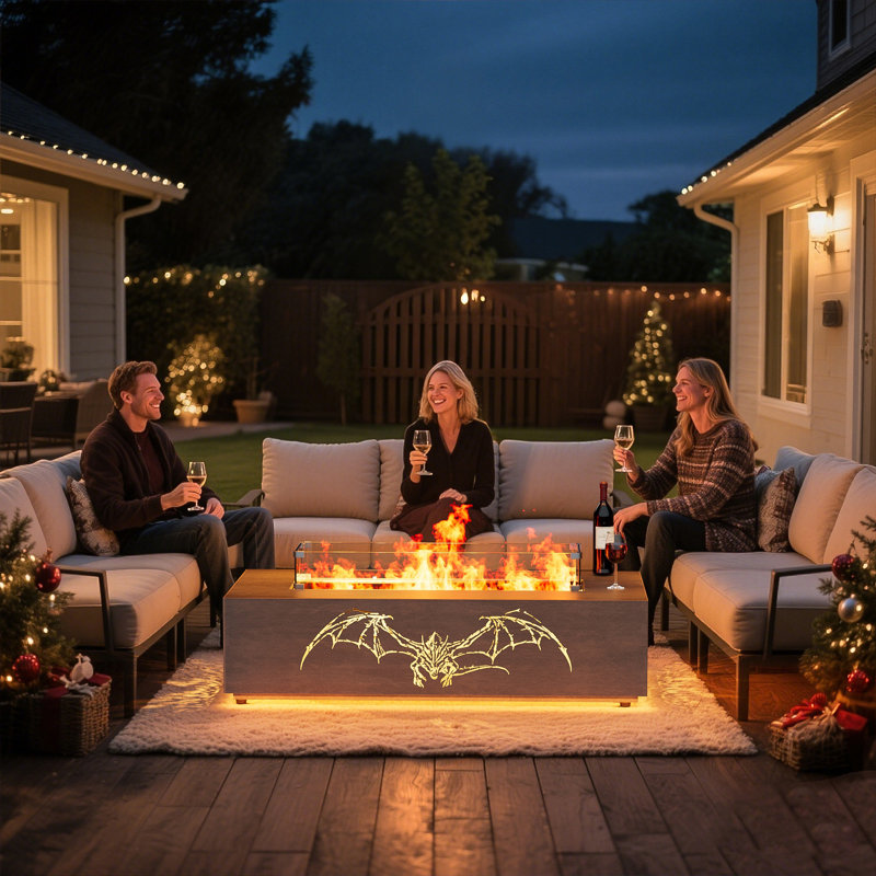 42" Propane Gas Fire Pit Table 50,000 Btu Featuring Hollowed Out Pterosaur Patterns And Golden Light