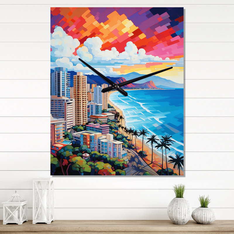 City Maui Popart III - Cityscapes Very Large Wall Clocks, 32" H x 24" W x 1" D
