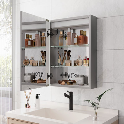 Wall Mounted Led Bathroom Mirror Cabinet 20 X 28 Inch - Fog, Waterproof, Dimmable. 3000K~6000K, Touch Switch, Storage Shelves, Door Medicine With Lights, Dimmable, Glass Filler