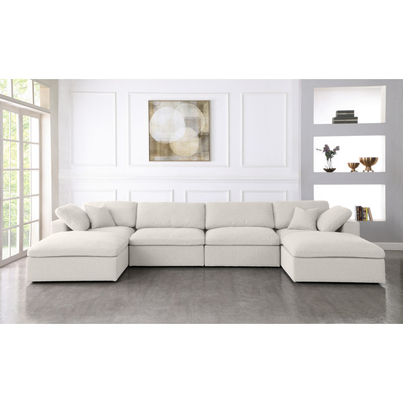Burrows 158" Wide Linen Down Cushion Modular Sofa & Chaise with Ottoman, Cream Linen Textured Fabric