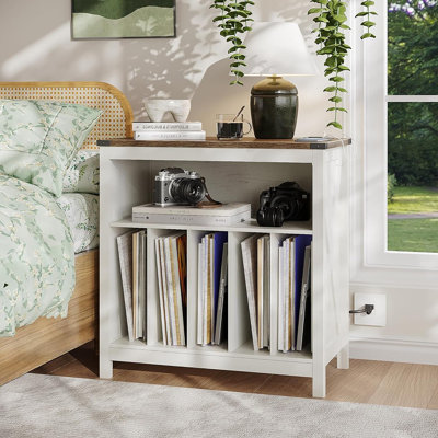 Large Record Player Stand With Charging Station & LED Light, Vinyl Record Holder Hold Up To 300 Albums, Farmhouse End Table For Bedroom, Living Room, Soft White