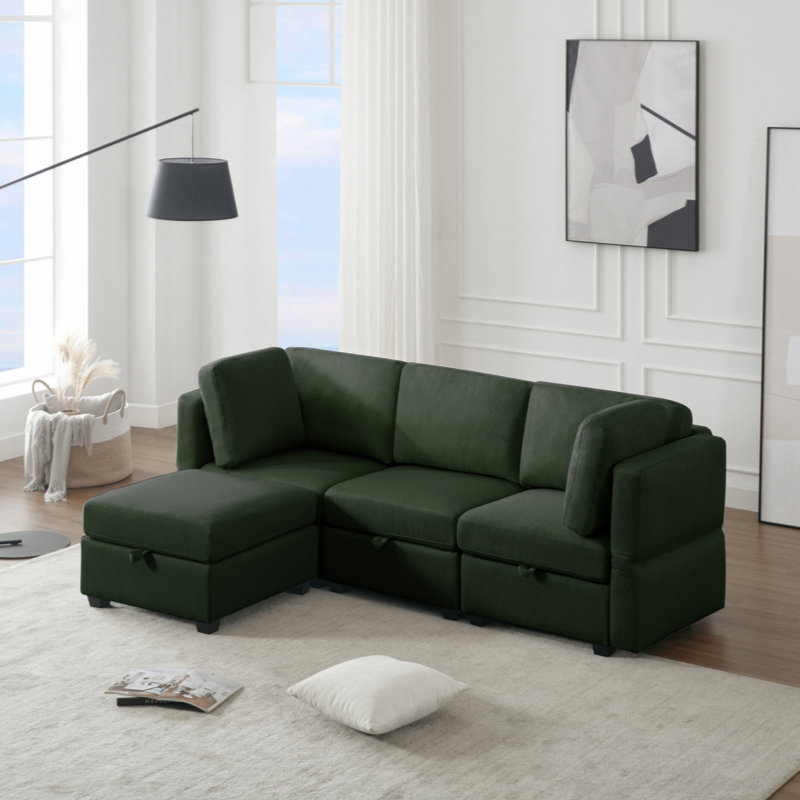 Canapé modulaire en L Kiniah avec sièges de rangement, accoudoirs et dossier réglables, Polyester vert