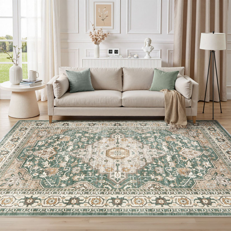 Aasen Boho Tribal Washable Vintage Oriental Area Rug for Living Room Bedroom-Green, Rectangle 9' x 12', Green