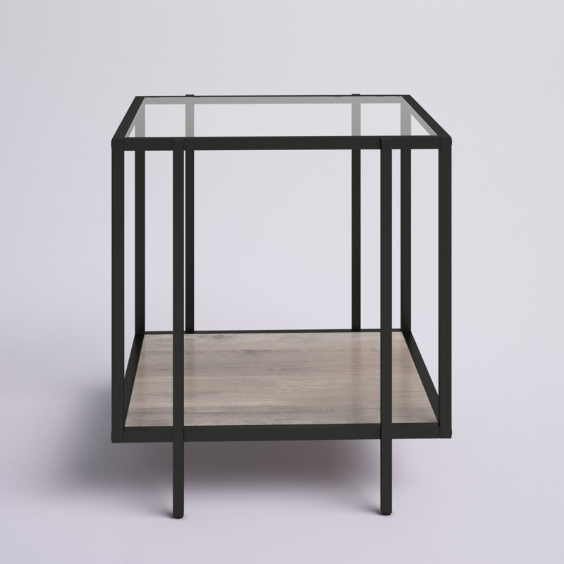 Vireo Glass Top End Table, Blackened Bronze/Gray Oak
