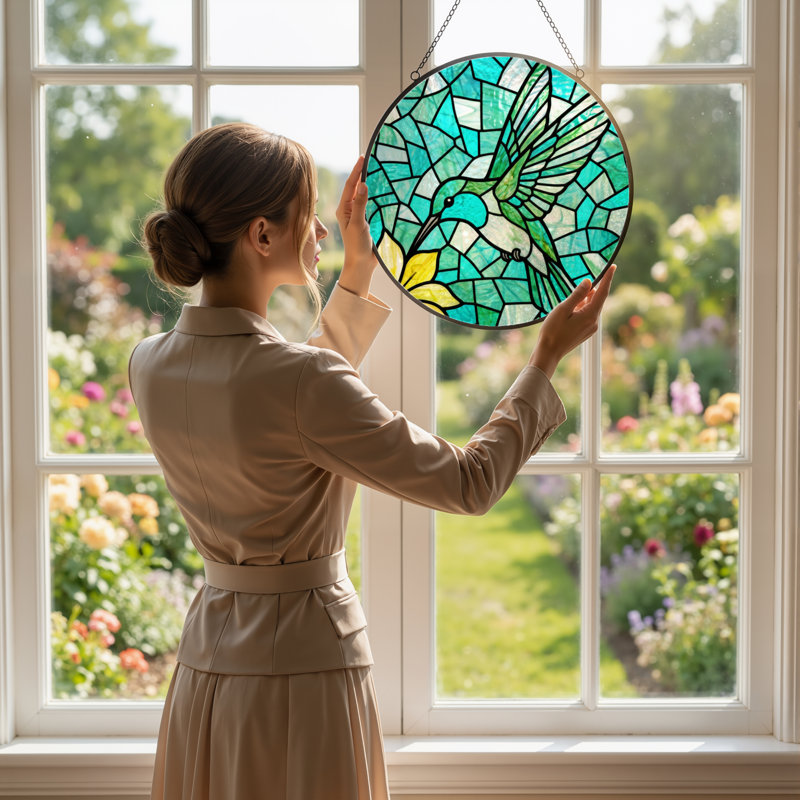 Vitrail de fenêtre en verre coloré 7,8 po Hummingbird, H 12 po x l 12 po