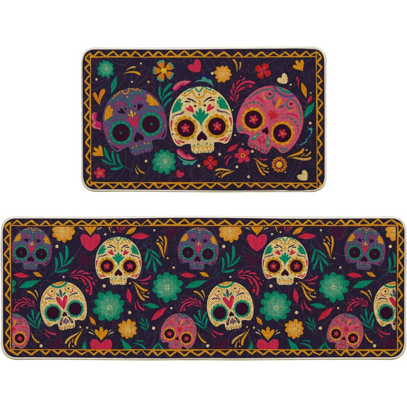 Ensemble de 2 tapis de cuisine Sugar Skulls Marigolds Leaves Day Of The Dead