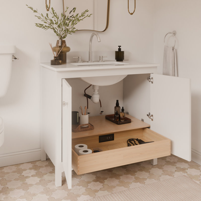 Meuble-lavabo simple 36 po Scalloped - blanc - avec plateau - boutons en nickel brossé, Blanc / nickel brossé, 36"