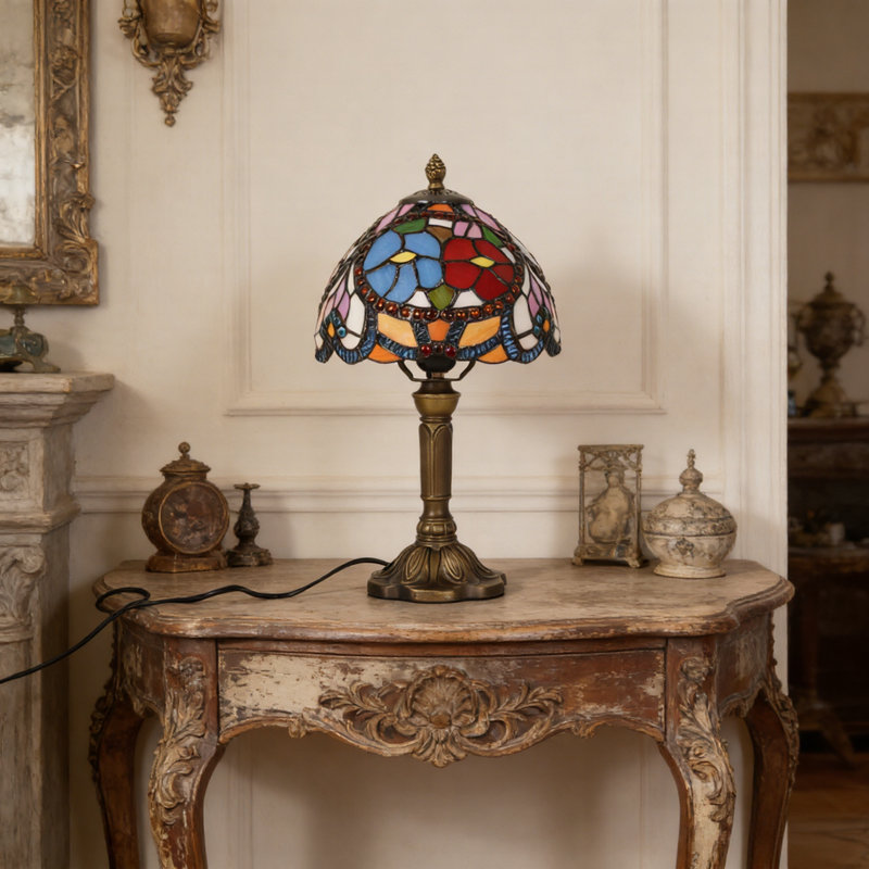 Tiffany-style Beaded Stained Glass Table Lamp, Antique Bronze Resin Base, E26 Warm Bulb Included