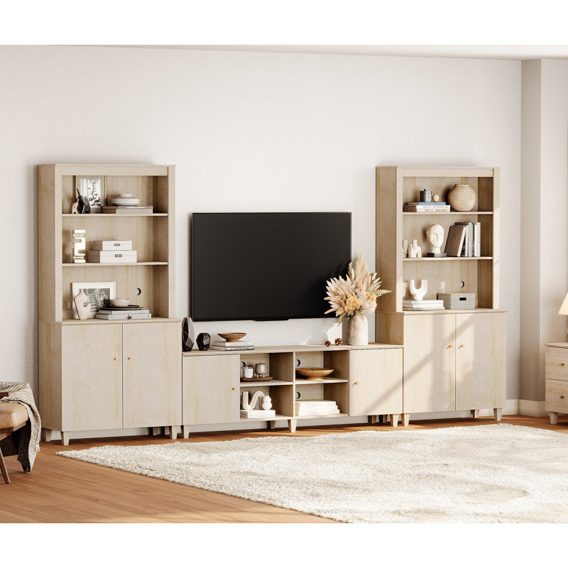 TV Stand And Bookcase Set With Cabinets & Shelves For 75" Tvs, Light Oak