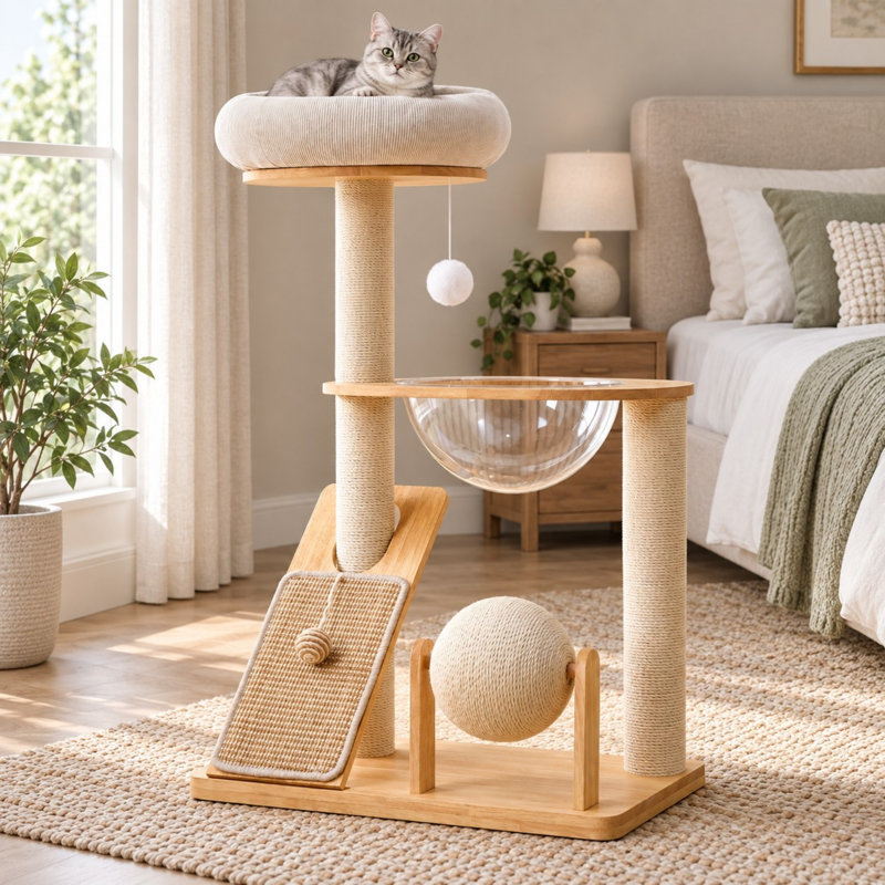 37.8" Solid Rubberwood Cat Tree with Space Capsule, Top Bed and Scratching Posts