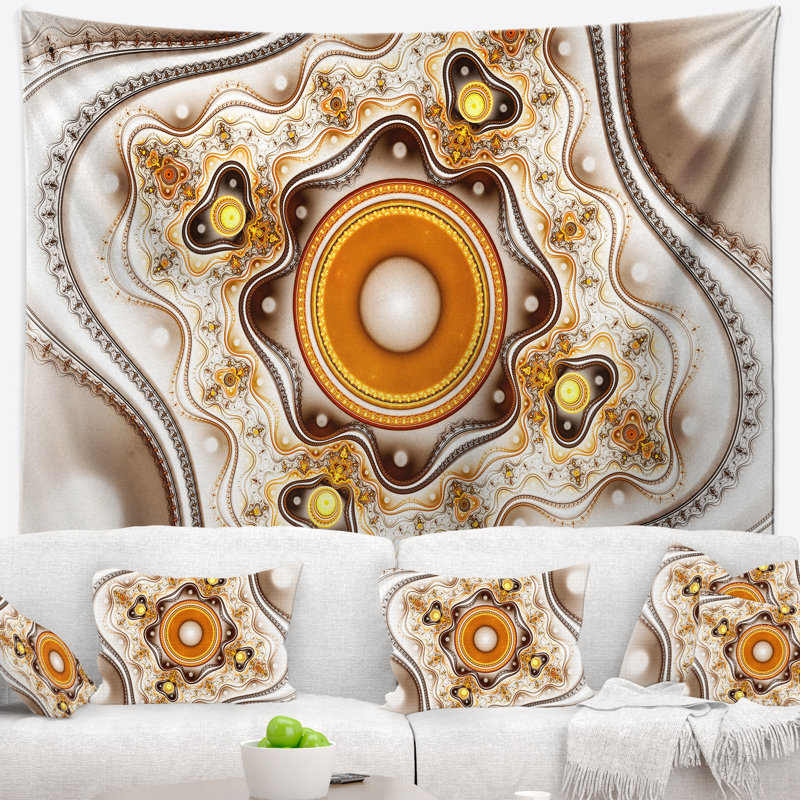 Tapisserie abstraite à cercles fractaux et courbes ondulées, H 32 po x l 39 po