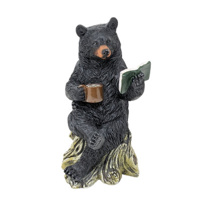 Ours polaire en polyrésine lisant et tasse à café décor rustique