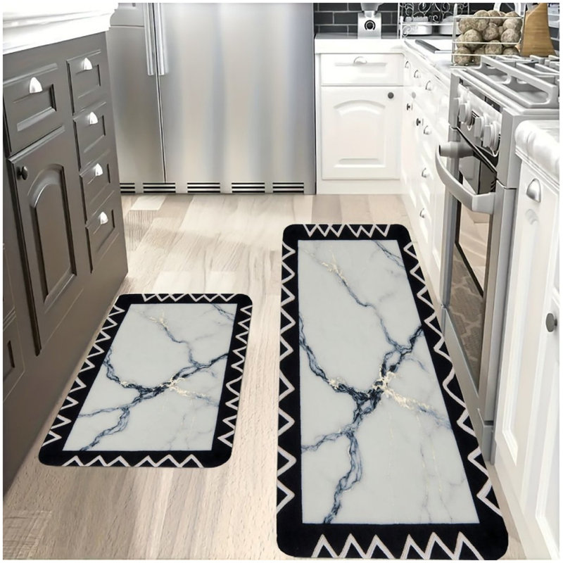 Ensemble de 2 tapis de cuisine en marbre noir et blanc doré, tapis de plancher pour la cuisine et le vestibule, décoration géométrique moderne