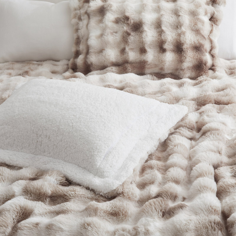 Ensemble d'édredon en fausse fourrure moelleuse avec taies décoratives, chaleur lourde et confort Sherpa réversible, Taupe