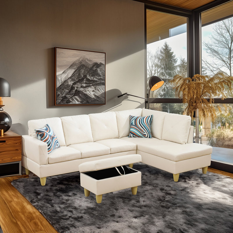 White Cream Faux Leather L shape Couch Living Room Sofa Set, Cream White Faux Leather, Right Hand Facing