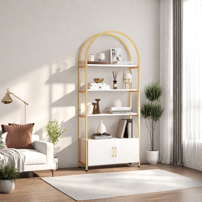 Bookshelf With Door, Tall Bookcase With Storage Cabinet Shelf, Gold/White