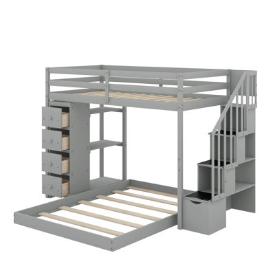 Twin Over Full Bunk Bed With 3-Layer Shelves, Drawers And Storage Stairs