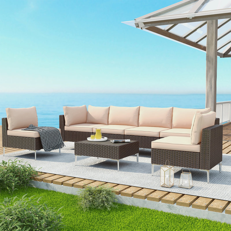 Quadrell 6 - Person Outdoor Wicker Patio Conversation Furniture Set with Optional Fire Pit Table, No, Khaki