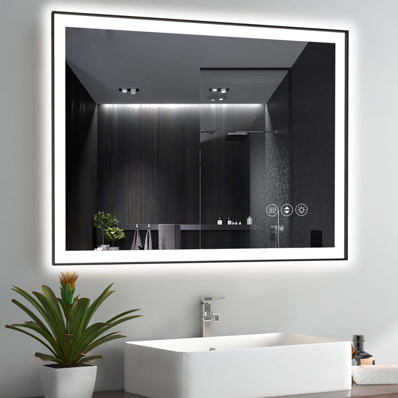 Miroir de salle de bain moderne sans cadre avec fonction de désembuage et lumière réglable, 28 po x 20 po, Rectangulaire
