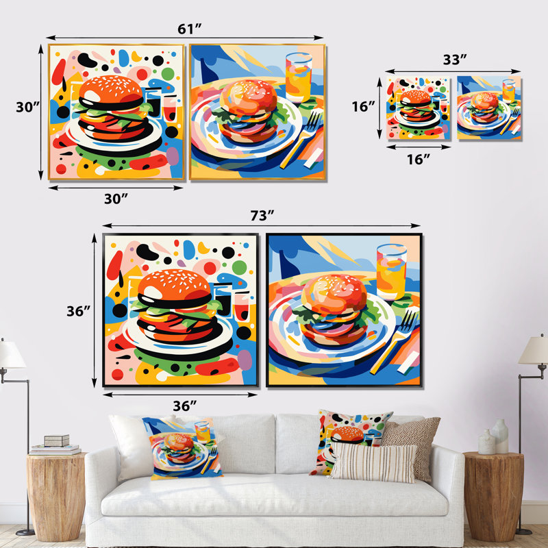 Pop Art Hamburger Brilliance I - ensemble de 2 impressions sur toile, Toile tendue, H 16 po x l 33 po x P 1 po