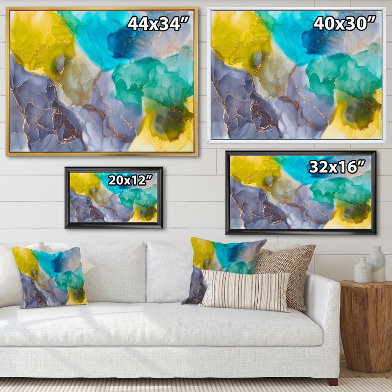 Turquoise et jaune luxe abstrait fluide - peinture sur toile, H 30 po x l 40 po x P 1,5 po, Cadre flottant érable