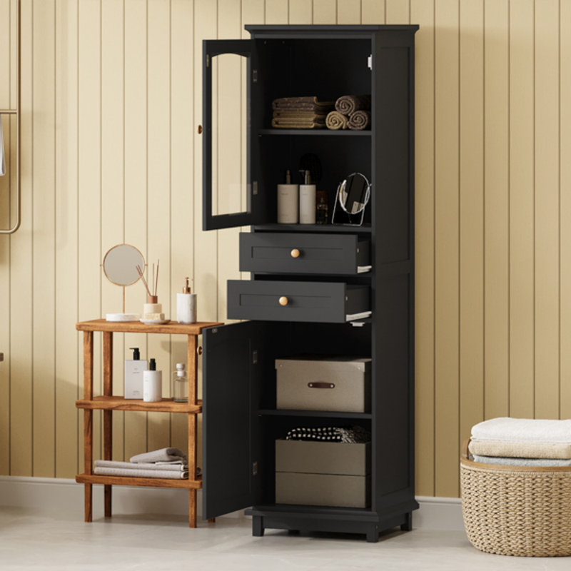 63" Tall Bathroom Storage Cabinet With Glass Doors, Free-Standing, Two Drawers, And Adjustable Shelves, MDF Board, Painted Black - Perfect For Displaying Your Favorite Items