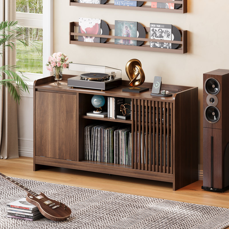 Mid-Century  Turntable Stand With AC & USB Outlets, Large Capacity Media Console Table For Turntable - Large Vinyl Record Storage Cabinet For Living Room & Bedroom