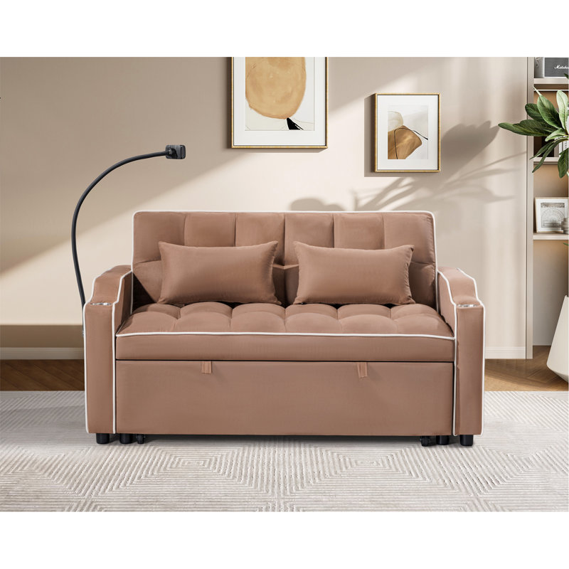 Pull-out Sofa Bed, Adjustable Back and with USB port, Brown Fabric