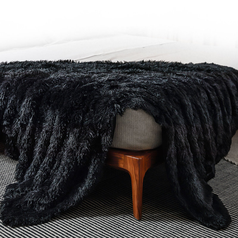 Black Reversible Shaggy Faux Fur and Fleece Throw Blanket