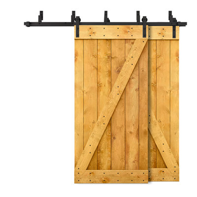 Panelled Wood Stained Z Bar Series Bypass Double DIY Barn Door with Sliding Hardware Kit