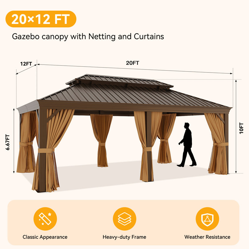 20 Ft. W x 12 Ft. D Aluminum Roof with Galvanized Steel Patio Gazebo