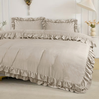 DUVET FRILL COVER SET Microfiber Solid Colour Duvet Cover with Pillowcases Included