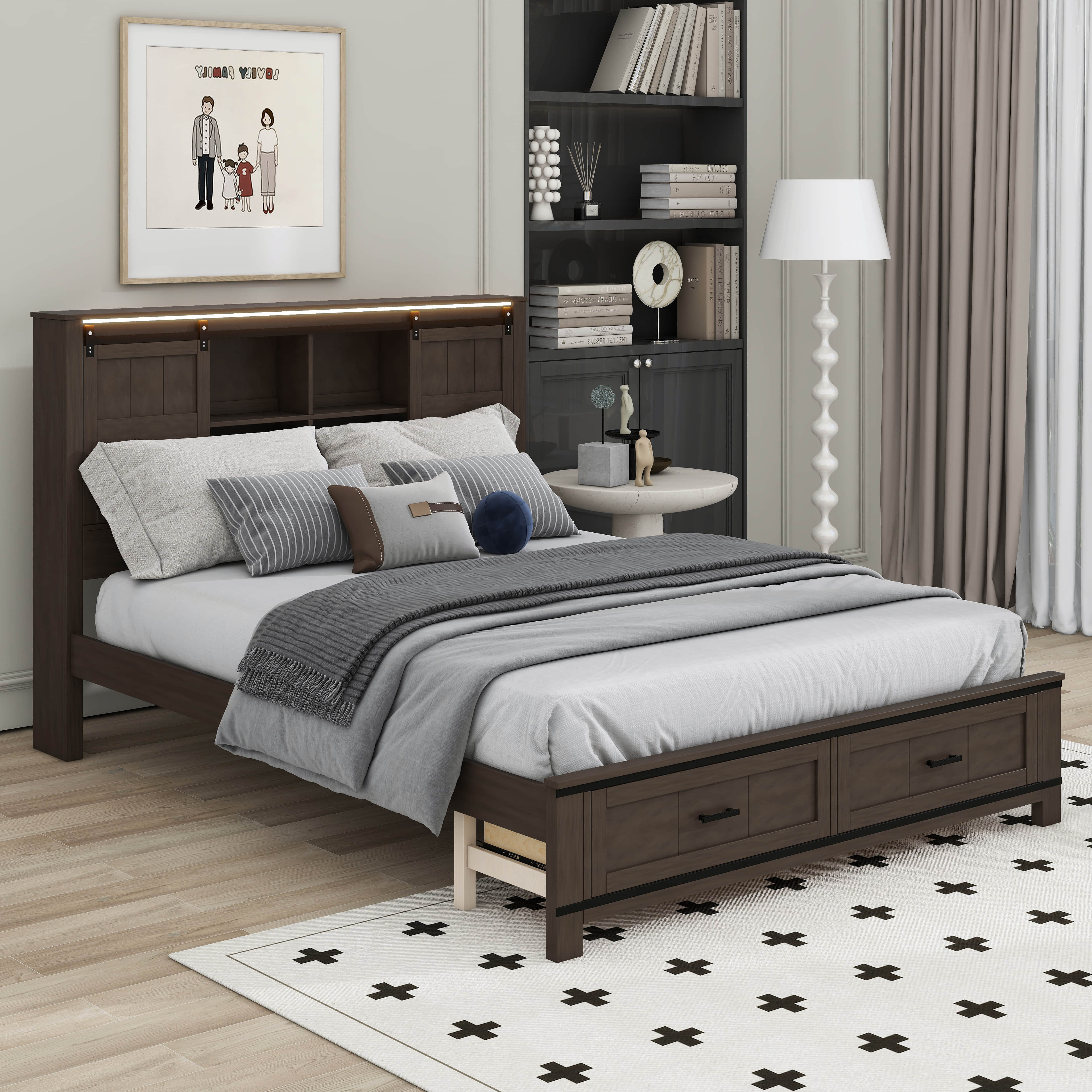 Gracie Oaks Queen Size LED Platform Bed With Barn Door Design Headboard ...