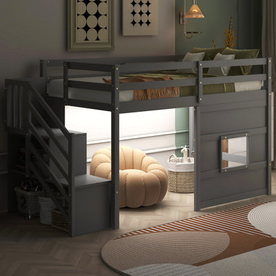 Lit mezzanine simple avec escalier de rangement et fenêtre, avec lumière DEL, gris