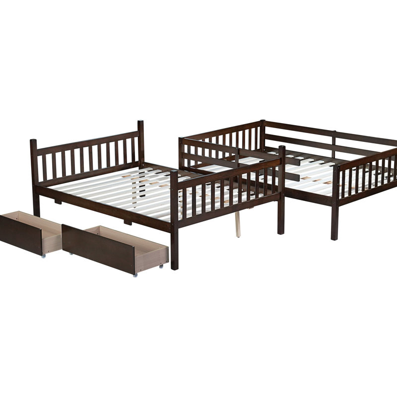 Full Over Full Bunk Bed with 2 Drawers, Ladder & Guardrails, Convertible to 2 Full Beds, Rubberwood Frame,Espresso, Espresso