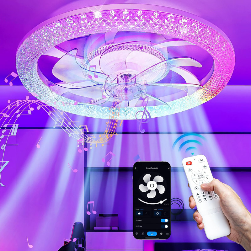 2 In 1 Wifi RGB-LED 20” Ceiling Fans With Lights And Remote, 3000-6500K Dimmable Flush Mount Smart Low Profile Ceiling Fan With Lights, Bluetooth 6 Speeds Bladeless Fans With APP, For Bedroom