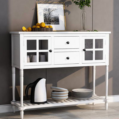 Armoire de salon avec tablette inférieure (blanc), rangement en bois pour buffet - 2 tiroirs, armoires, apparence exquise, console à structure stable, matériaux en verre spacieux, gracieux