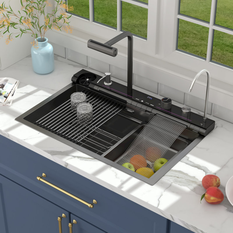 30" L x 19" W Drop-in Waterfall Kitchen Sink 16 Gauge Stainless Steel Multifunctional Workstation Kitchen Sink with Digital Display in Honeycomb Finish