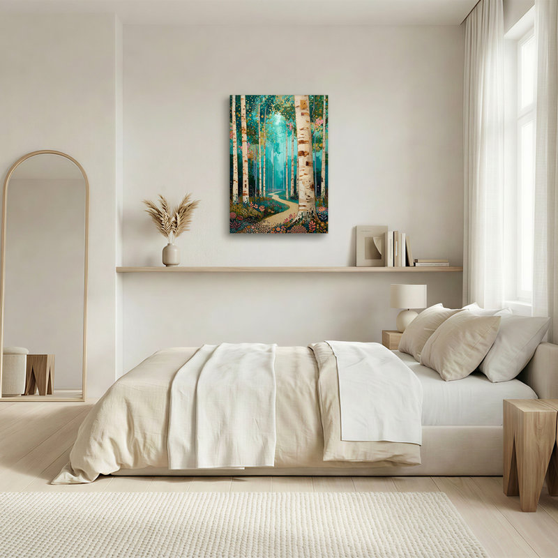 Tableau sur toile représentant des bouleaux le long d'un sentier sinueux dans une forêt turquoise, H 30 po x l 20 po