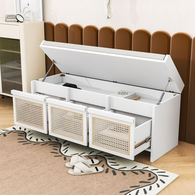Banc de rangement pour chaussures avec 3 tiroirs, compartiment dissimulé et coussin amovible pour le vestibule, Blanc