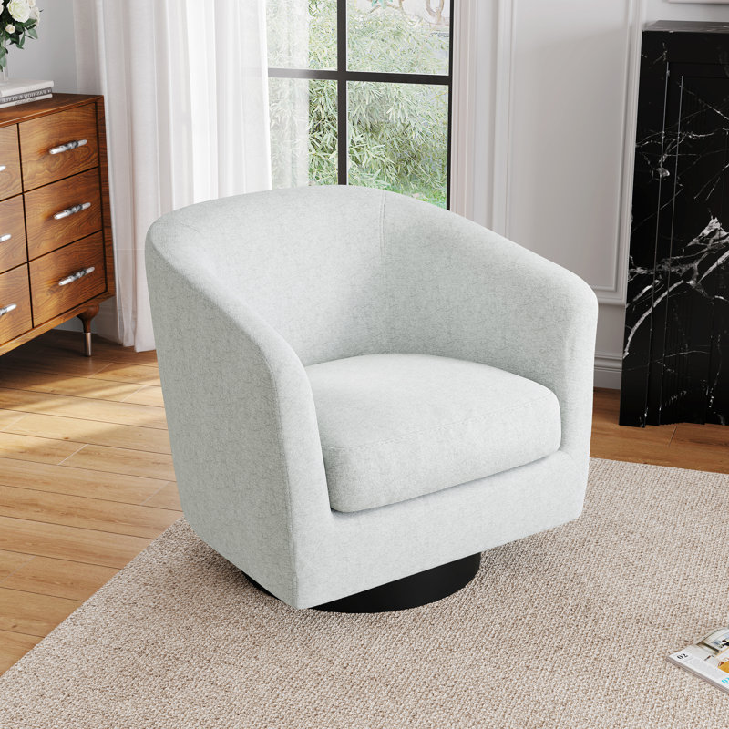 Upholstered Swivel Barrel Chair With Solid Wood Base, Beige