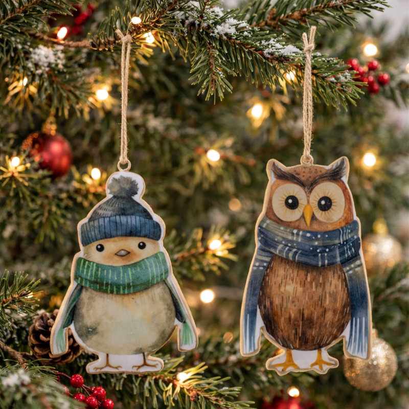 Ensemble de 6 ornements en fer et hibou d'hiver