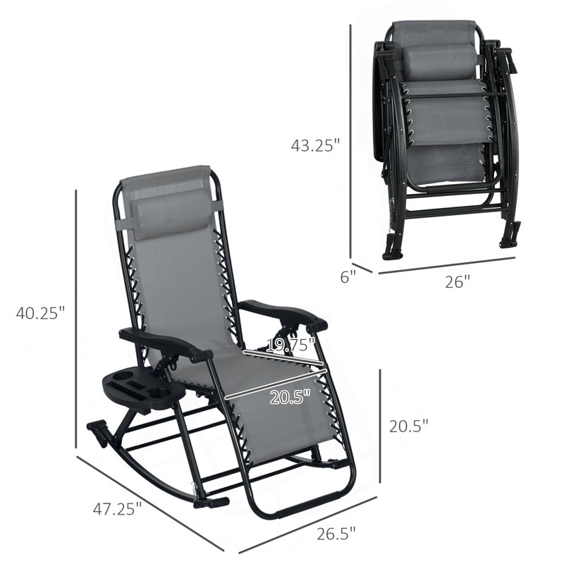 2 Pieces Outdoor Rocking Chairs, Foldable Reclining Zero Gravity Lounge Rocker With Pillow, Cup & Phone Holder, Combo Design With Folding Legs, Gray
